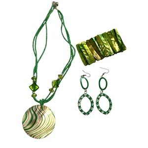 Brilliant Green Abalone Mother of Pearl & Stone Bead Necklace Bracelet Earrings